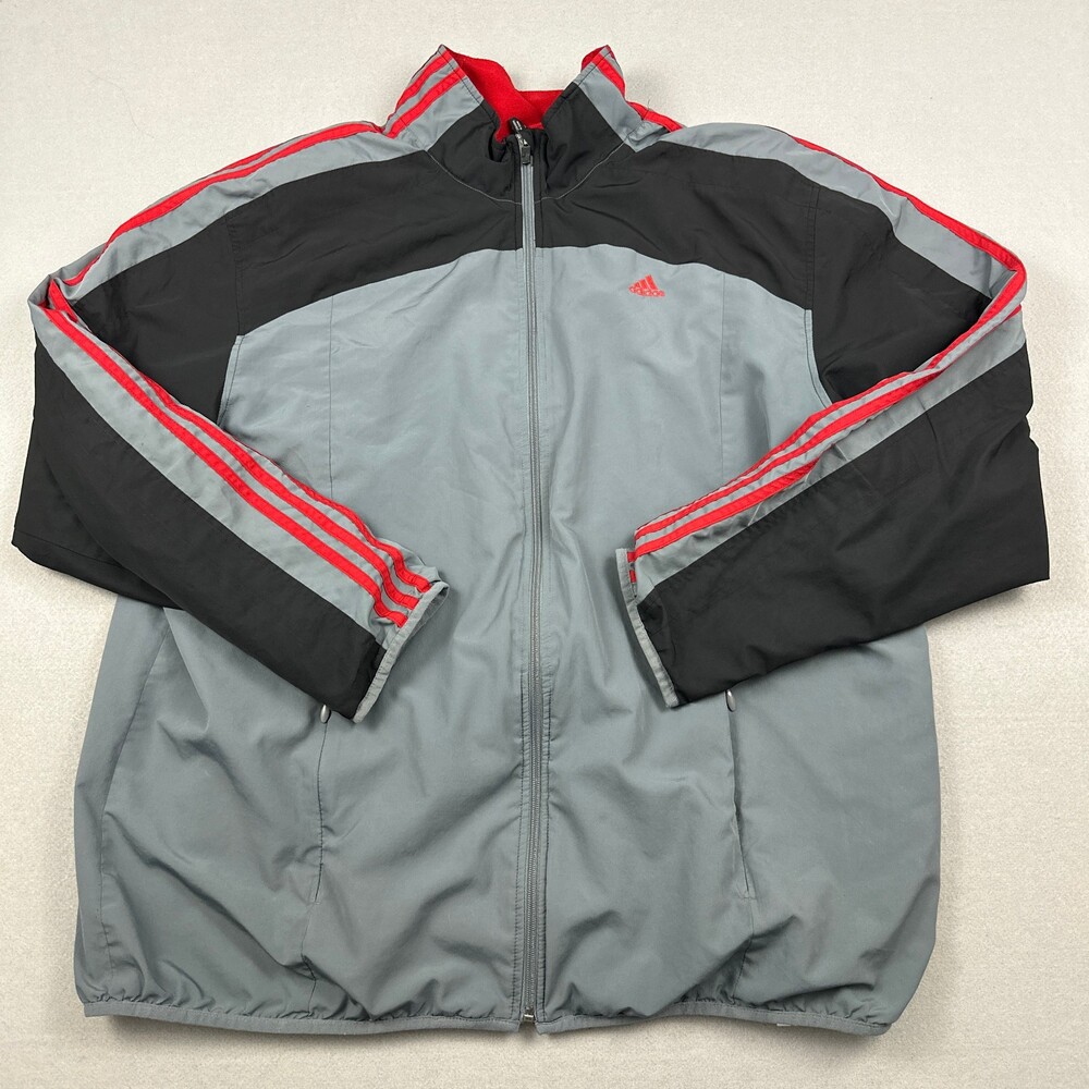Adidas Jacket Men 2XL Gray Black Red Clima365 Zip 3 Stripe Track Windbreaker XXL